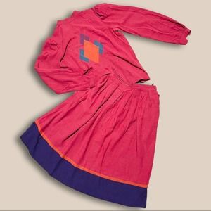 Vintage 1980s two piece blouse and knee length skirt 80s geometric set Size XS